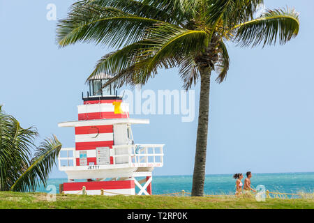 Miami Beach Florida,South Pointe Park,Point,Atlantic Ocean water urban public space,seashore,palm tree trees,breeze blown,frond,adult adults man men m Stock Photo