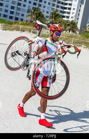 Miami Beach Florida,Nautica South Beach Triathlon,Atlantic Ocean,water,shore,sport,fitness,race,bike,bicycle,bicycling,riding,biking,rider,segment,cyc Stock Photo