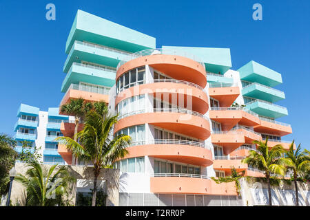 Miami Beach Florida,Ocean Drive,Ocean Place,peach,green,blue,balconies,condominium residential apartment apartments building buildings housing,high ri Stock Photo