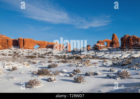 North Window and Turret Arch in winter, Windows Sections, Arches National Park, Utah Stock Photo