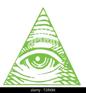 eye of providence illuminati freemasonry triangle green illustration Stock Photo