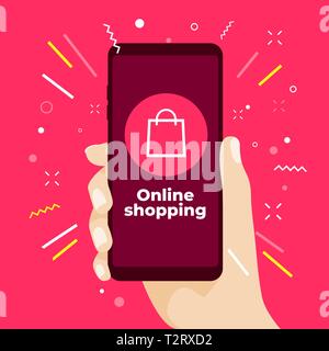 Online shopping concept with hand holding smartphone and online shop icons. Stock Vector