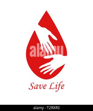 donate blood over white background with two hands and a blood drop vector illustration Stock Vector