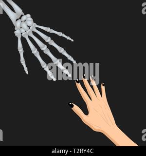 Adead skeleton hand and a human hand together, vector illustration isolated Stock Vector