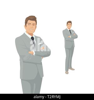 Elegant businessman in gray costume. Boss, manager, businessman. Smile. People character. Portrait of Full length. Front view man. Standing Person. Stock Vector