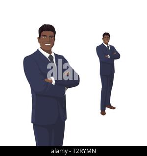 Elegant businessman in dark blue costume. Boss, manager, businessman. Black man. Smile. People character. Portrait of Full length. Front view man. Stock Vector