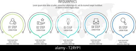 Modern line vector illustration. Infographic circles template with five elements, sectors, icons. Timeline designed for business, presentations Stock Vector