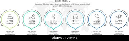 Modern vector illustration. Infographic circles template with six elements, sectors, icons. Timeline designed for business, presentations, web design Stock Vector