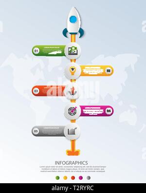 Timeline startup infographics with five circle and icons template. 3D vector illustration rocket on a blue background. Used for business, planning Stock Vector
