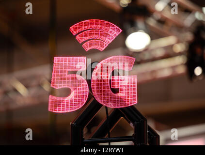 Hanover, Lower Saxony, Germany - 5G projection at the Hanover Fair. Hannover, Niedersachsen, Deutschland - 5G Projektion auf der Hannover Messe. Stock Photo