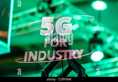 Hanover, Lower Saxony, Germany - 5G for Industry Projection at the Hanover Fair. Hannover, Niedersachsen, Deutschland - 5G for Industry Projektion auf Stock Photo