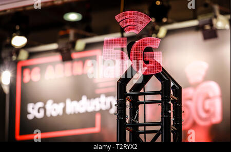 Hanover, Lower Saxony, Germany - 5G for Industry Projection at the Hanover Fair. Hannover, Niedersachsen, Deutschland - 5G for Industry Projektion auf Stock Photo