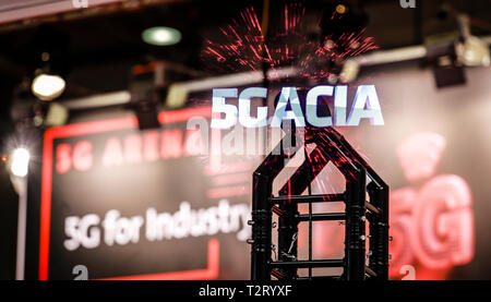Hanover, Lower Saxony, Germany - 5G-ACIA, Alliance for Connected Industries and Automation Projection in the 5G Arena at the Hanover Fair. 5G-ACIA in  Stock Photo
