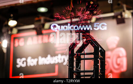 Hanover, Lower Saxony, Germany - Qualcomm 5G projection in the 5G Arena at the Hanover Fair.  Hannover, Niedersachsen, Deutschland - 5G  Qualcomm 5G P Stock Photo