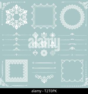 Vintage set of vector horizontal, square and round elements. Different white elements for backgrounds, frames and monograms. Classic patterns. Set of  Stock Vector