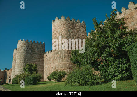 Lined towers on the large stone wall  in Romanesque style and green garden at Avila. With an imposing wall around the gothic city center in Spain. Stock Photo