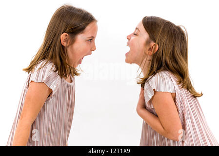 Identical twin girls sisters are arguing yelling at each other. Angry girls are shouting, yelling and arguing with emotional expression on faces. Fron Stock Photo