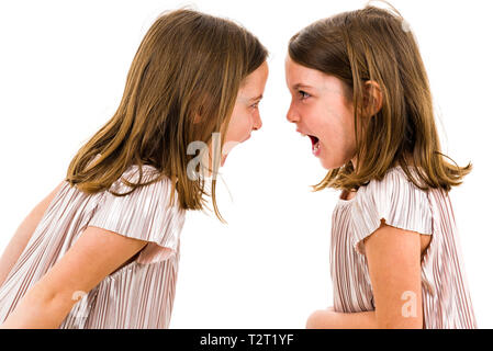 Identical twin girls sisters are arguing yelling at each other. Angry girls are shouting, yelling and arguing with emotional expression on faces. Fron Stock Photo