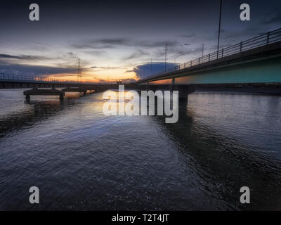 Road and rail bridges over the Loughor estuary Stock Photo