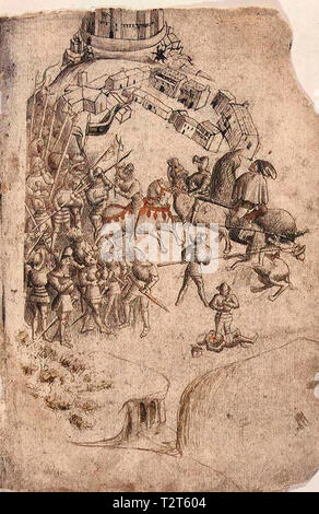 A depiction of the Battle of Bannockburn from a 1440s manuscript of Walter Bower's Scotichronicon. This is the earliest known depiction of the battle. Stock Photo