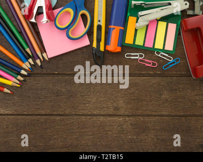 Children's Stationery Placed on a wooden table Stock Photo