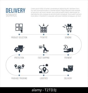 Isolated on white background drop shopping online e-commerce logistic business concept example, nine steps scheme vector illustration, choosing a prod Stock Vector
