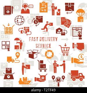 Template fast delivery logistic set in flat style. Vector icons for web, infographic or print. Baggage trolley vector, route, cash, 24 hours, sea ship Stock Vector