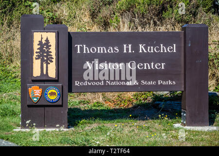 Redwood National and State Parks, California, USA - October 1, 2017: A welcoming signboard at the entry point of park Stock Photo