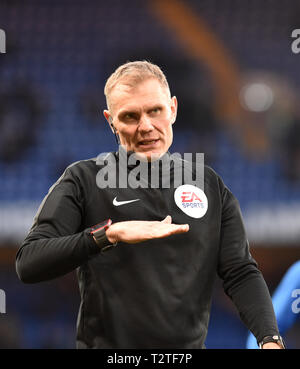 Referee Graham Scott during the Premier League match between Chelsea and Brighton & Hove Albion at Stamford Bridge . 3 April 2019 Editorial use only. No merchandising. For Football images FA and Premier League restrictions apply inc. no internet/mobile usage without FAPL license - for details contact Football Dataco Stock Photo