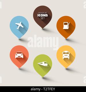 Set of round retro flat transport pointers - car, bus, train, plane, gas station with a long shadow effect Stock Vector