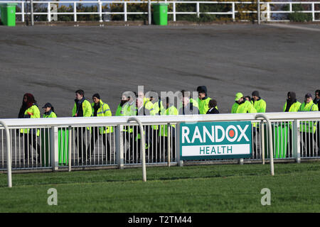 Aintree, Liverpool. 4th April, 2019. G4X Security staff at the Aintree Randox Health Opening Day. Preparations underway for the start of the three-day horse racing festival. Credit. MWI/AlamyLiveNews Stock Photo