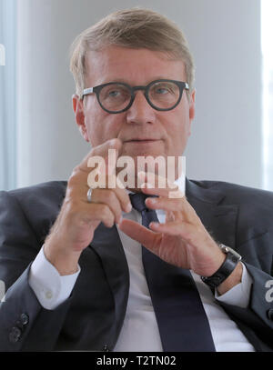 Berlin, Germany. 03rd Apr, 2019. Ronald Pofalla, Chief Infrastructure Officer of Deutsche Bahn, speaks in an interview with the German Press Agency. Credit: Wolfgang Kumm/dpa/Alamy Live News Stock Photo