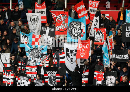 EINDHOVEN - 03-04-2019, Philips stadion Dutch football Eredivisie season 2018 / 2019. Fans of PSV during the match PSV - PEC. Stock Photo