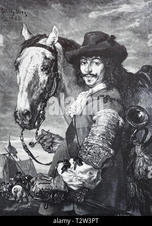 Trumpet player from the time of the Thirty Years' War with his horse, camp life of the lansquenets, Trompeter aus der Zeit des dreißigjährigen Krieges mit seinem Pferd, Lagerleben der Landsknechte Stock Photo