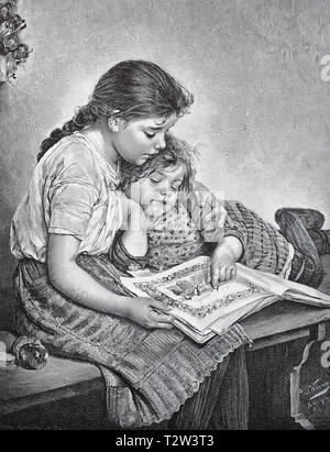 Two girls are deepened in a picture book, after a painting by Paul Wagner, Zwei Mädchen sind in einem Bilderbuch vertieft, nach einem Gemälde von Paul Wagner Stock Photo