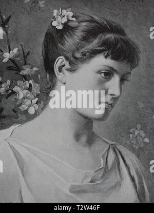 Girls with apple blossoms in the hair and in the background, Mädchen mit Apfelblüten im Haar und im Hintergrund Stock Photo