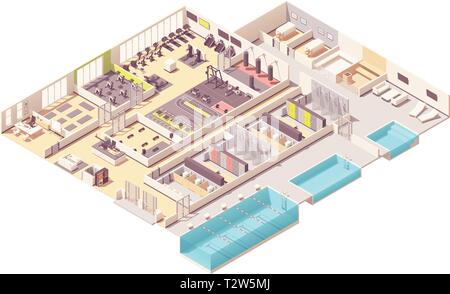 Vector isometric fitness club or gym interior cross-section with fitness equipment and machines. Cycling, step aerobics and pilates rooms, boxing zone Stock Vector