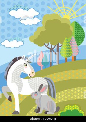 Colorful decorative cute unicorn and rabbit in meadow with trees. Vector cartoon flat illustration in different colors. Stock Vector