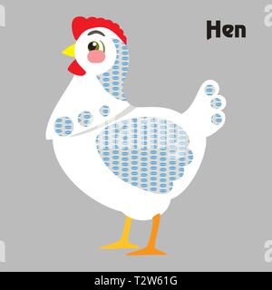 Colorful decorative outline funny white hen standing in profile.  Farm animals and birds vector cartoon flat illustration in different colors isolated Stock Vector