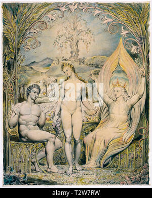 William Blake, The Archangel Raphael with Adam and Eve, painting, pen and ink with watercolour, illustration, 1808 Stock Photo