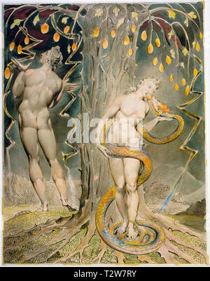 William Blake, The Temptation and Fall of Eve, Adam and Eve painting, pen and ink with watercolour, illustration, 1808 Stock Photo