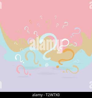 Question signs composition for web and print decoration, creative idea, faq illustration, help marks, description in pink, light blue and sand colors. Stock Vector