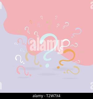 Question signs composition for web and print decoration, creative idea, faq illustration, help marks, description in pink, light blue and sand colors. Stock Vector