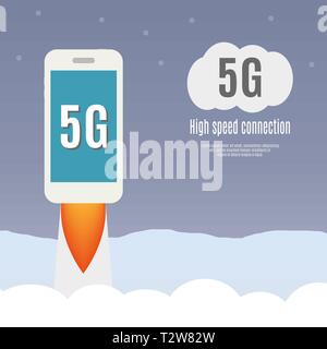 5g template with smartphone flying. High speed mobile web technology. vector illustration. Stock Vector