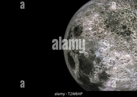 Moon surface and texture with craters isolated on black background with copy space. 3d render illustration. Stock Photo