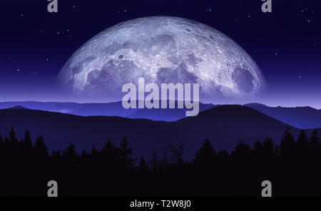 Fantasy illustration of moon or planet rising over mountain range at night. Science fiction scenery. Original artwork with mixed medias. Stock Photo
