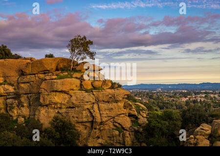 Isolated tree atop beautiful sandstone rock formations at sunset with colorful clouds in the sky, Garden of the Gods park, Chatsworth, California Stock Photo