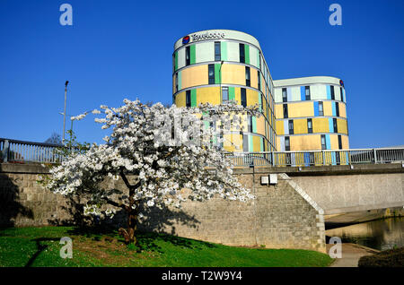 Maidstone, Kent, England, UK. Travelodge hotel and spring blossom (March) Stock Photo