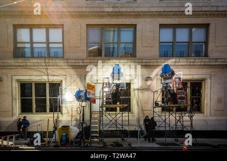 Lighting of an interior scene from outside of the Heywood Building residence in the Chelsea neighborhood of New York on Wednesday, April 3, 2019. (Â© Richard B. Levine) Stock Photo