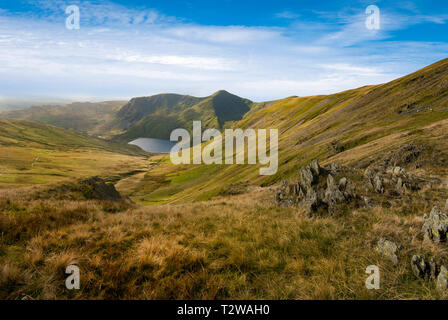 Kentmere reservoir viewed from the head of the Mardale 111 bell looking across Lingmell end to 757 bell and Over cove in the fells of Cumbria lake dis Stock Photo